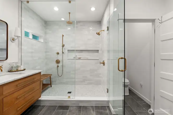 beautiful tile oversized shower with rain head
