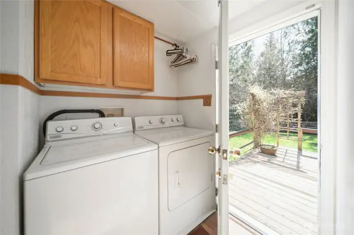 Laundry room with door leading to the backyard.