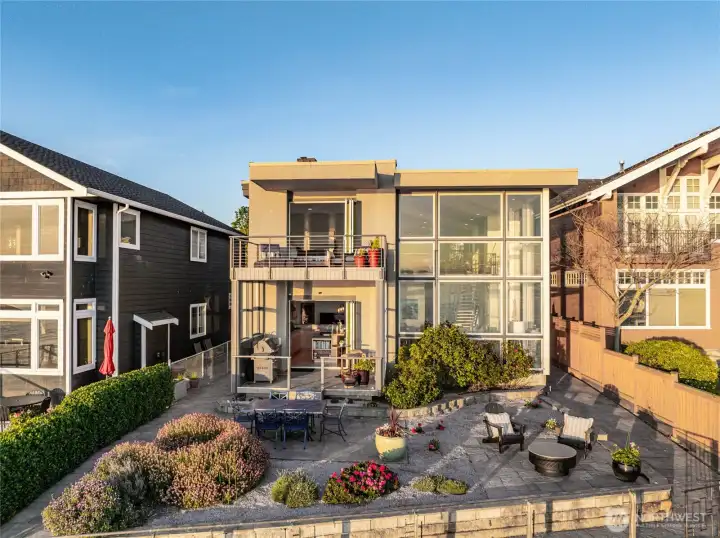 An aerial view of the west side of the property.