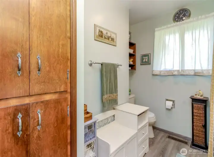Great built-in storage for the main bathroom.