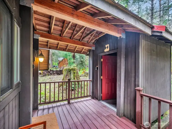 Covered entry porch with attached and secure gear storage- 17117 Riverview Way E