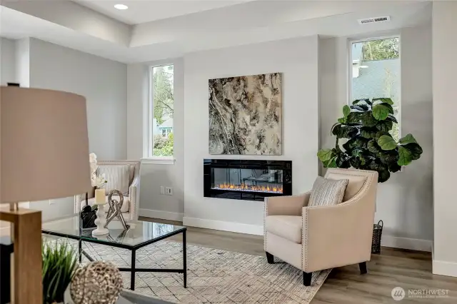 Electric fireplace in spacious living room