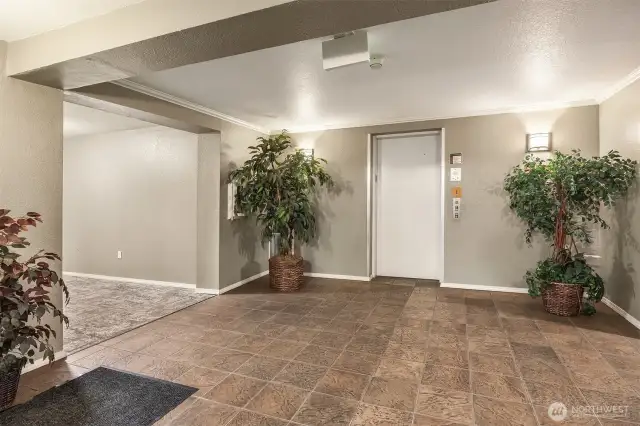 Interior lobby with secure access to elevators.
