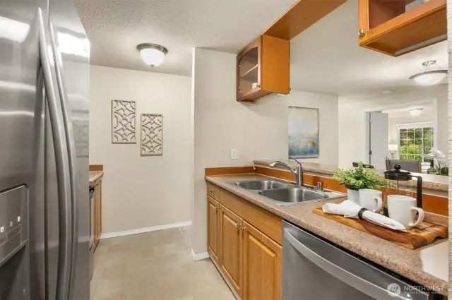 Kitchen with stainless steel appliances.