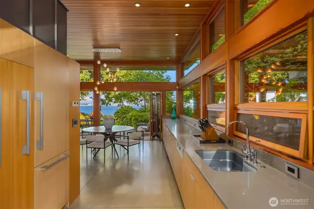 Radiant-heated polished concrete and cork floors throughout