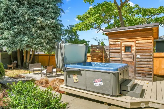 Amazing hot tub and sauna stay with the home.