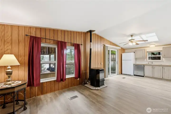 Great room with pellet stove.