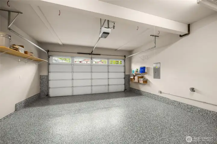 The garage has a brand new epoxy flooring.