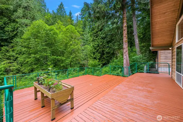 Expansive entertaining deck features generous space for seating, dining, and gathering with a wooded backdrop. Expansive entertaining deck features generous space for seating, dining, and gathering with a wooded backdrop.