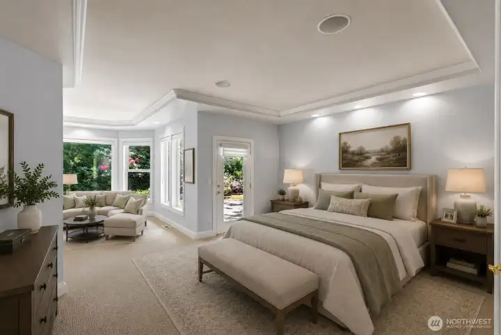 Virtually Staged Primary Bedroom with Sitting Area Virtually Staged Primary Bedroom with Sitting Area