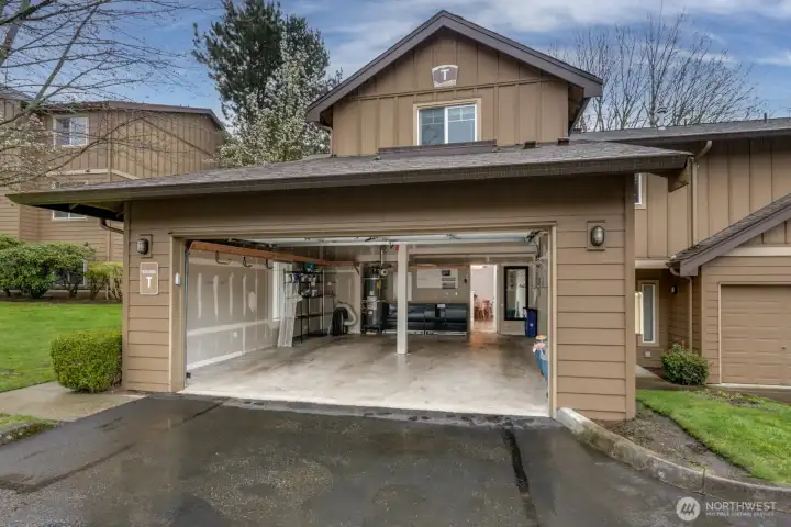 Attached 2-car garage with additional storage space.