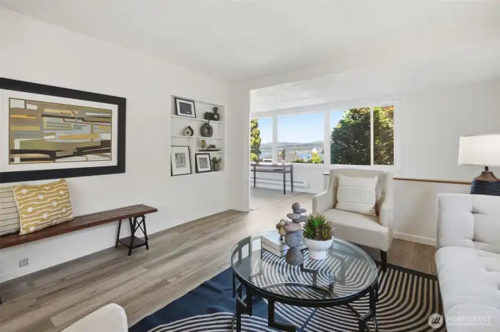 Stunning views overlooking Lake Washington and the Cascade Mountains from the main level.