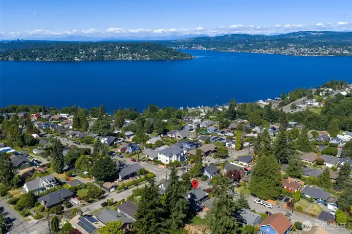 Lake Washington with Mercer Island and Beellevue in the distance. Drop a kayak in the water at the nearby public access points.