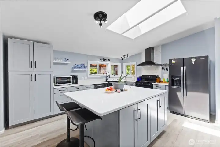 Natural light brightens the kitchen