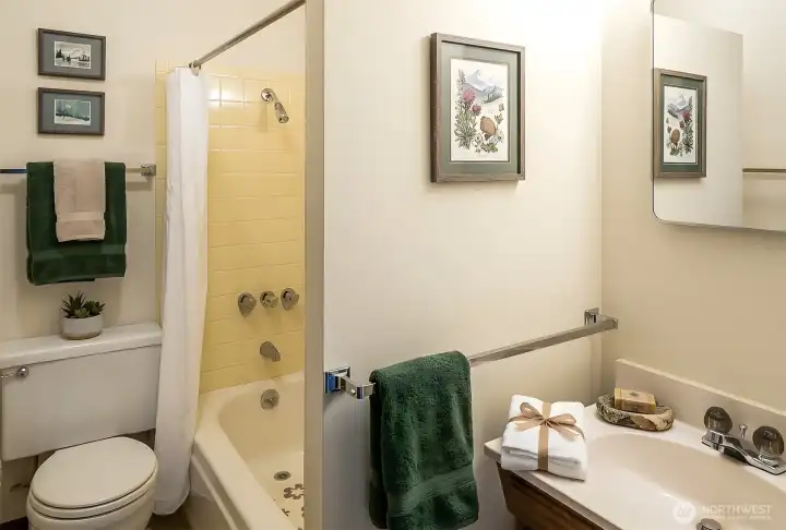 Full bath with ceramic tile enclosure. Full bath with ceramic tile enclosure.