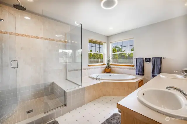 Large Primary Bath with tub, shower, and double basins.