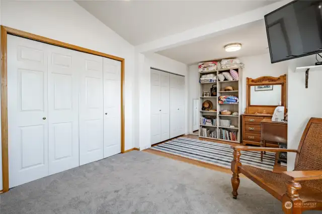 Two spacious closets, and the far closet is a walk-in with space for all your supplies.