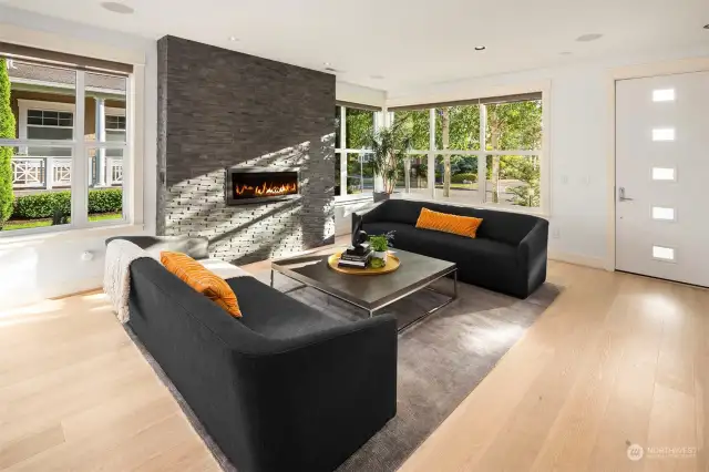 Soaring 12' ceilings, sleek fireplace with gas insert, built-in sound system, gallery lighting and tons of windows to bring in the light!