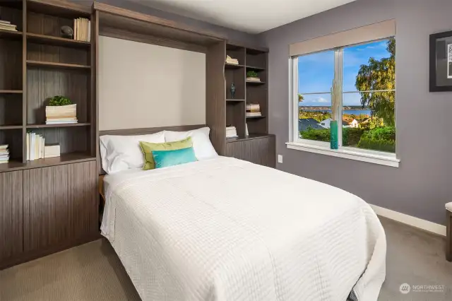 Dual use bedroom.  This extremely expensive built-in shelving and integrated bed can be transformed into a desk by pushing up the bed and dropping down the desk.  Your choice!  Enjoy views of Mt. Rainier and downtown Seattle.
