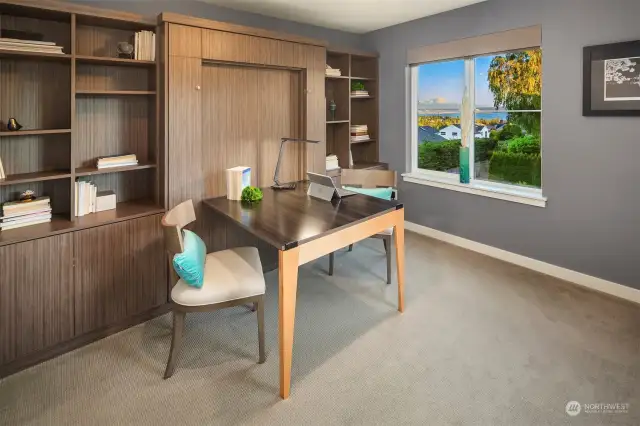 Dual use bedroom - office option.  Simply pull down the desk and you're ready to work!