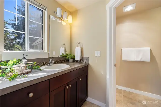 Primary bathroom with windows and natural light.  Plenty of counter space.