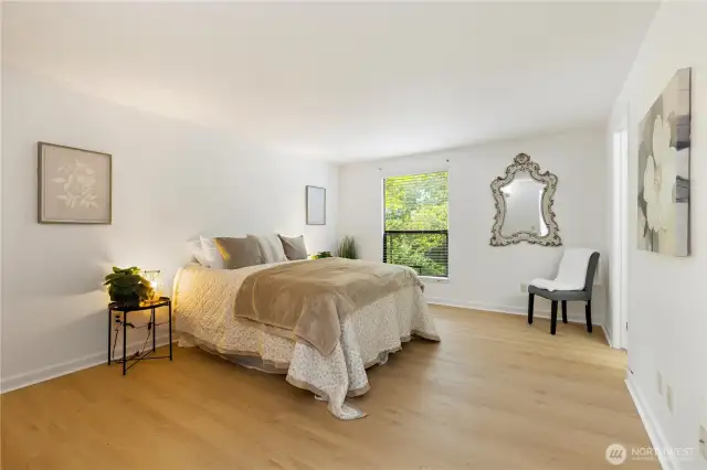 View of large staged primary bedroom big enough for king bed and all your bedroom furniture