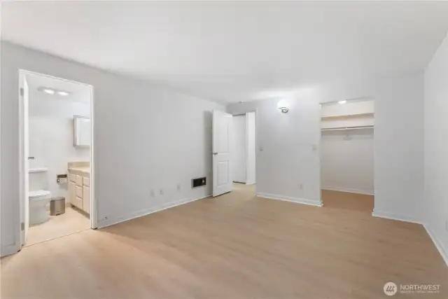 Second view of primary bedroom not staged with walk in closet new flooring and lighting