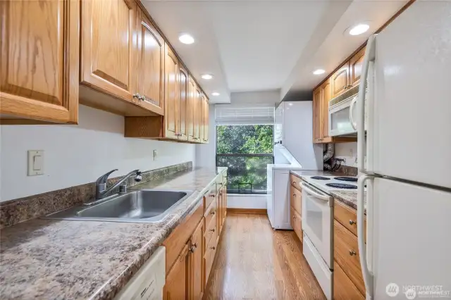 Kitchen view off family room with newer cabinets hard wood flooring newer appliances recessed lighting and lots of counters and cabinets for storage.  Big outside window to enjoy afternoon sun