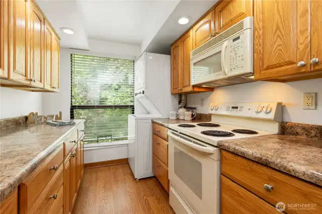 Another view of this large kitchen with lots of cabinets counter space and large window looking out to nature.  See your in unit stack washer and dryer that come with this condo as well as all appliancees