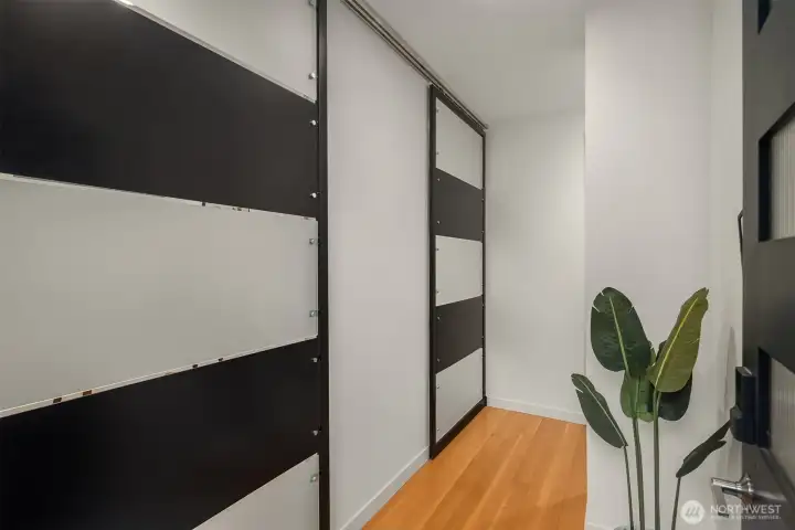 Lower level office has sliding doors for privacy