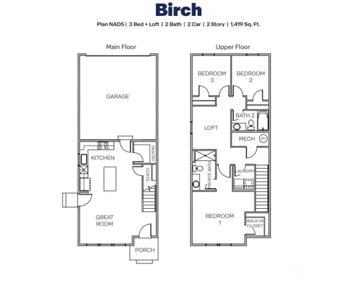 Birch plan offers open great room with island kitchen below, loft and private suite above. Pictures are for representational purposes only, colors and features may vary.