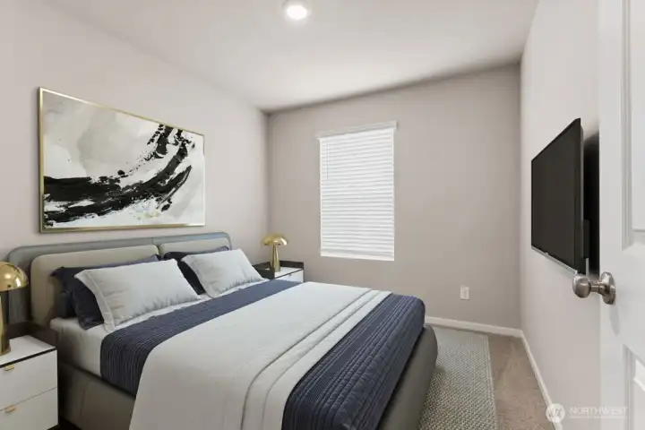 Third bedroom delivers a cozy retreat with ample wall space for art and furnishings plus plush carpeting underfoot. Pictures are for representational purposes only, colors and features may vary.
