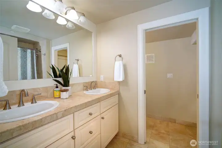 Full bath and double vanity in lower level.