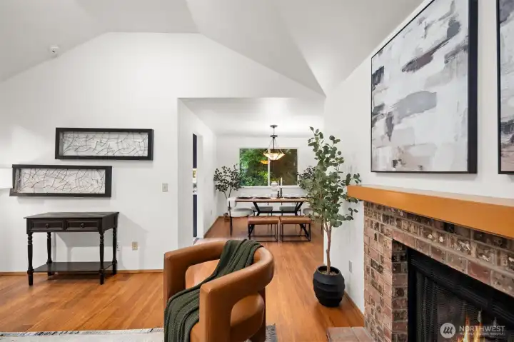 Living room leading into dining room. Sustainable bamboo flooring.