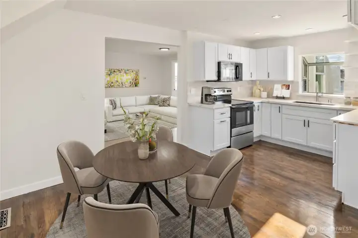 staged kitchen and living room
