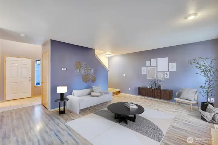 Virtually staged. The spacious living room is perfect for gatherings.