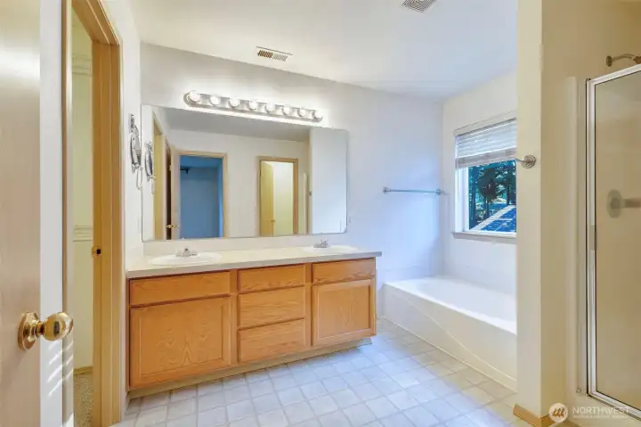 The primary bathroom features a dual sink vanity, soaking tub, and separate shower.
