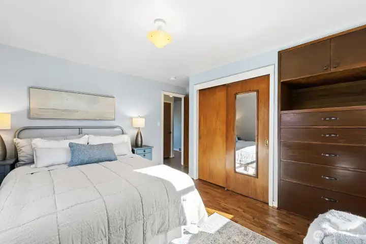 Large closet and built-ins provide great storage in the front bedroom.