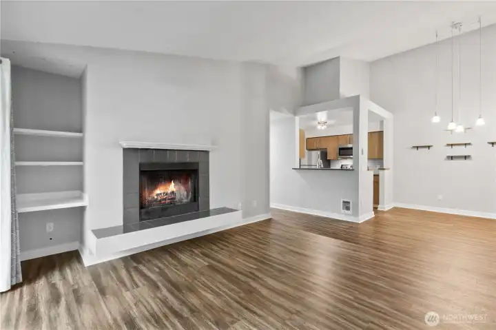 Open floorpan with fireplace