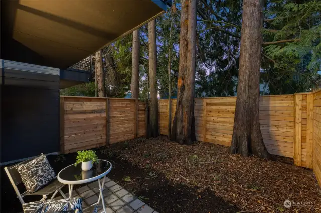Relax and unwind in your private outdoor retreat, surrounded by mature trees and complete with a cozy patio setup, perfect for peaceful mornings or evenings.