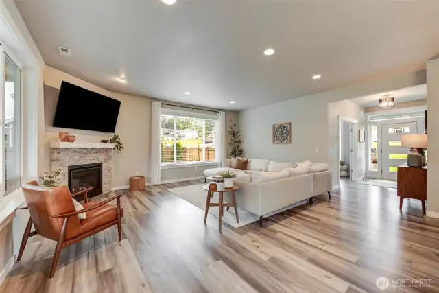 The great room offers a cozy gas fireplace.