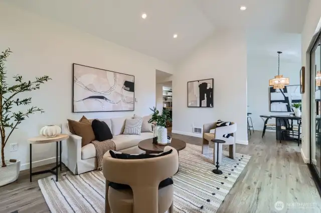 Bright & Spacious Living with Vaulted Ceilings LED Lighting & Dining