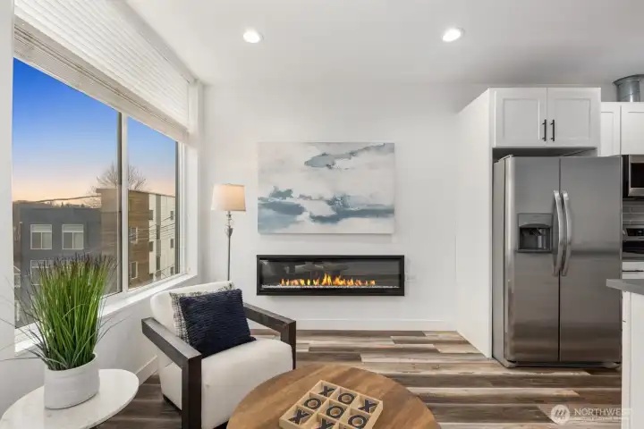 Electric fireplace keeps you warm and cozy.