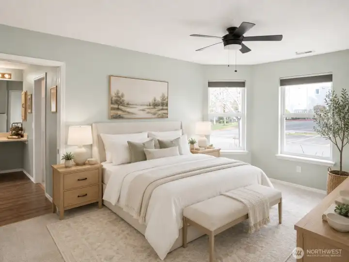 Serene primary bedroom retreat with soft neutral layers and calming green accents. Serene primary bedroom retreat with soft neutral layers and calming green accents.