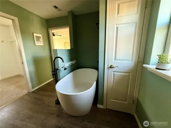 Free standing bath tub in the primary bathroom.
