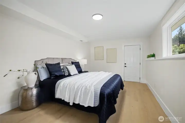Spacious bedroom at lower level with entry door