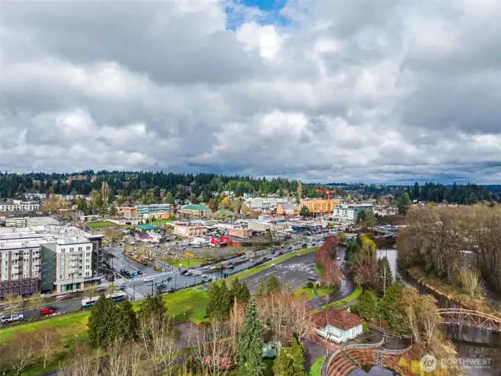 Drone view of nearby Bothell Downtown area