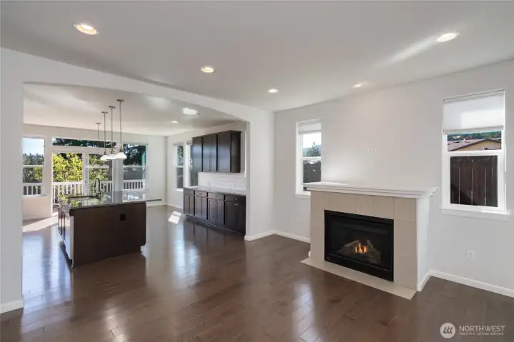 Open living room to kitchen and dining.