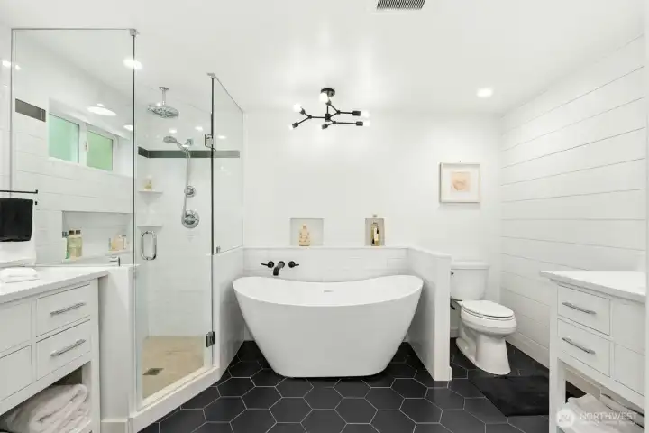 Dual vanities, freestanding bathtub & walk-in shower
