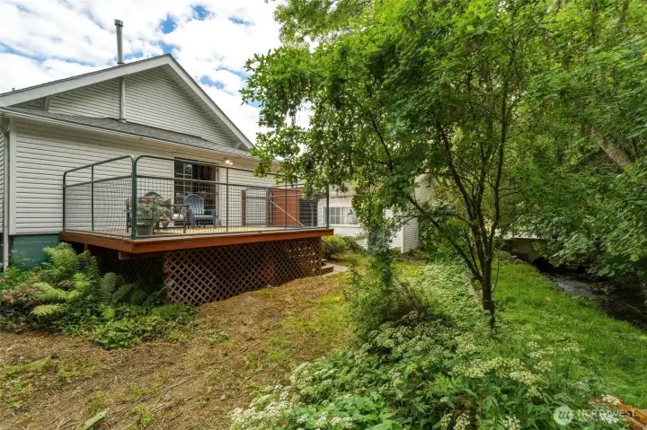 Deck overlooking backyard & creek Deck overlooking backyard & creek